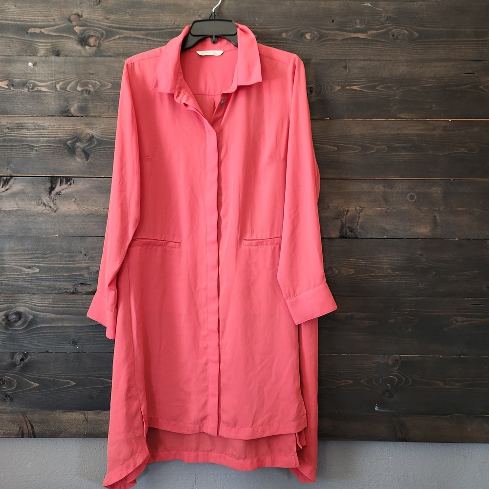 Soft Surroundings Coral Pink Long Sleeve Button Down Tunic Shirt with Pockets